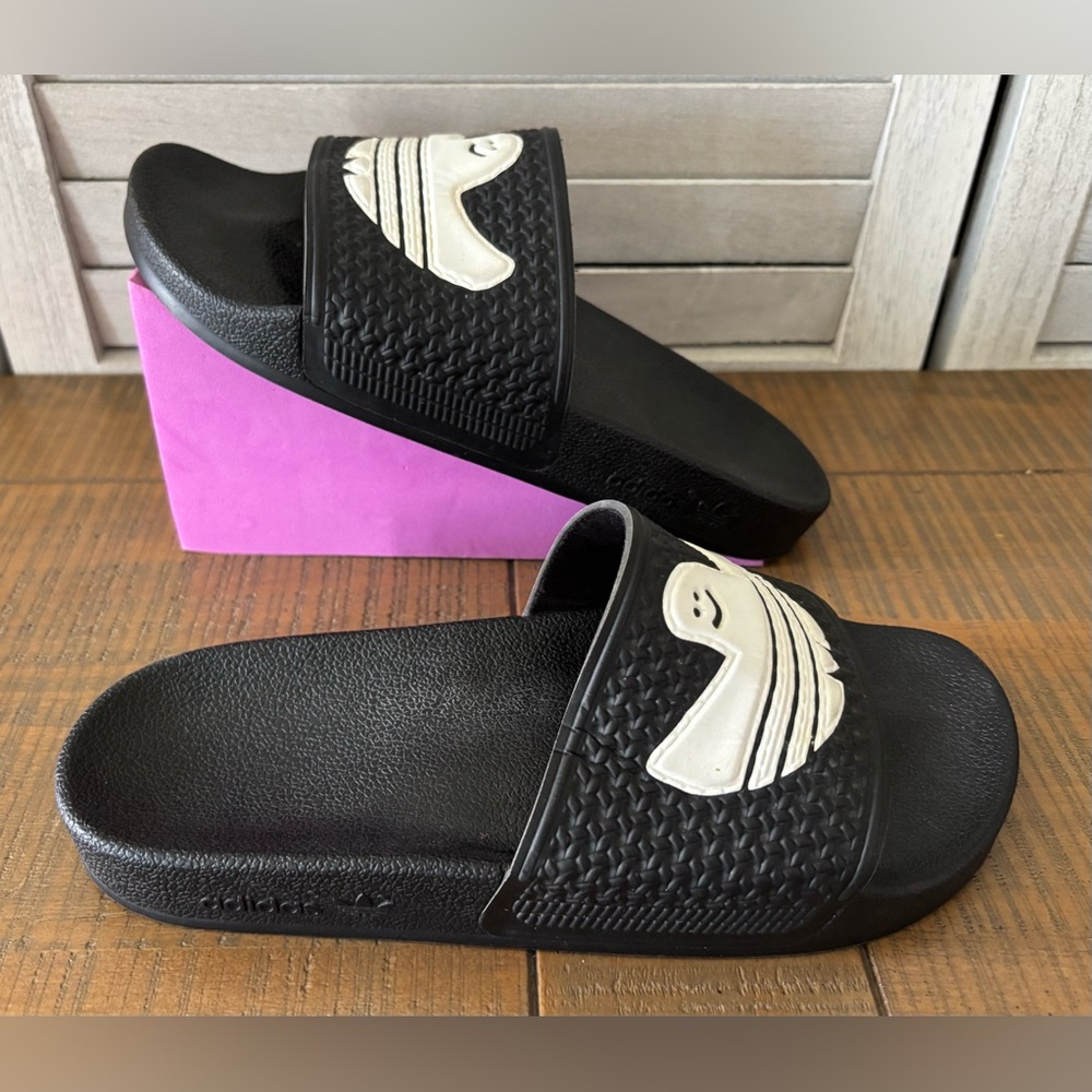 Adidas Shmoofoil Ghost Blue Bird Slides Black/White Men's Sz 6 - Picture 6 of 11